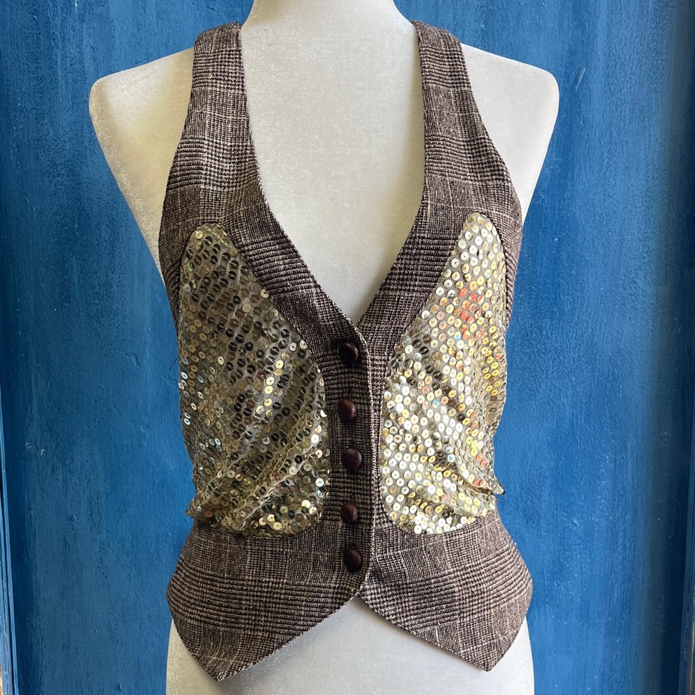 Wool Development Brown Plaid Tank Vest with Gold Sequin Panels